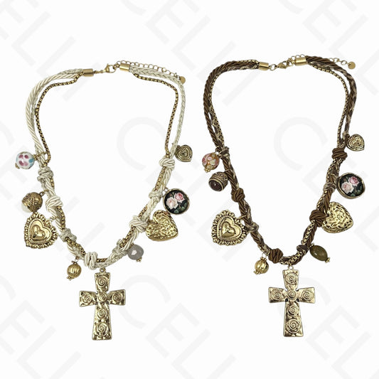Colar de aço - multi pendentes, cruz grande, fio de algodão