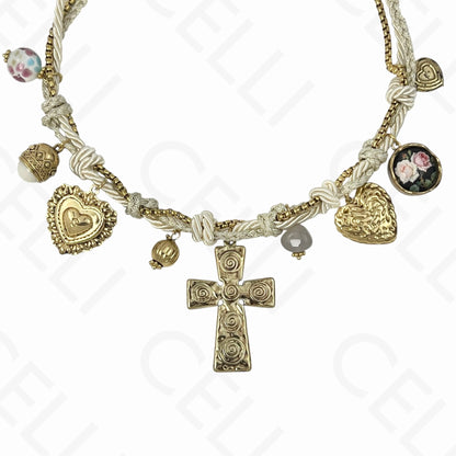 Collar de acero - múltiples colgantes, cruz grande, hilo de algodón