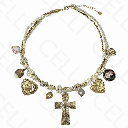 Collar de acero - múltiples colgantes, cruz grande, hilo de algodón