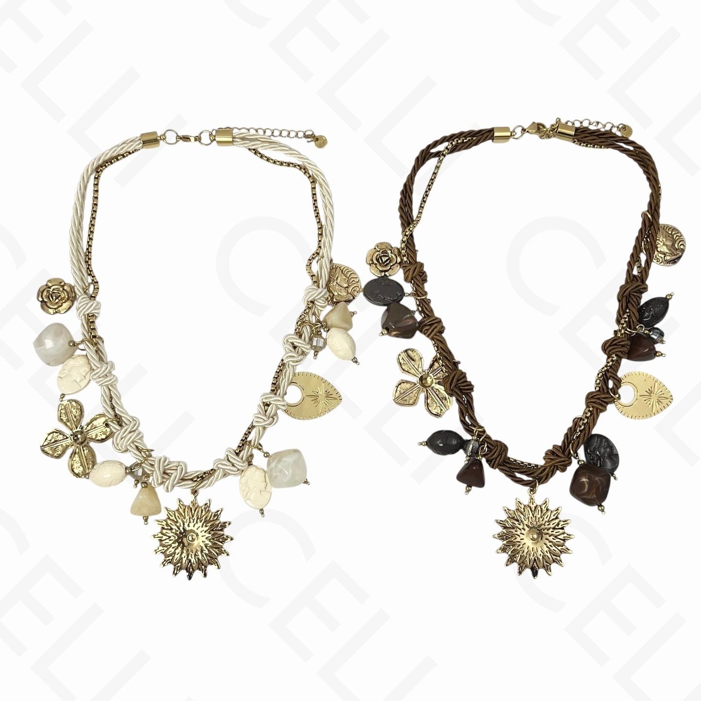 Collar de acero - múltiples colgantes, sol grande, hilo de algodón