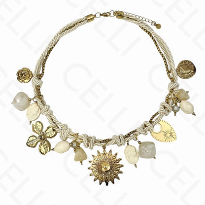 Collar de acero - múltiples colgantes, sol grande, hilo de algodón