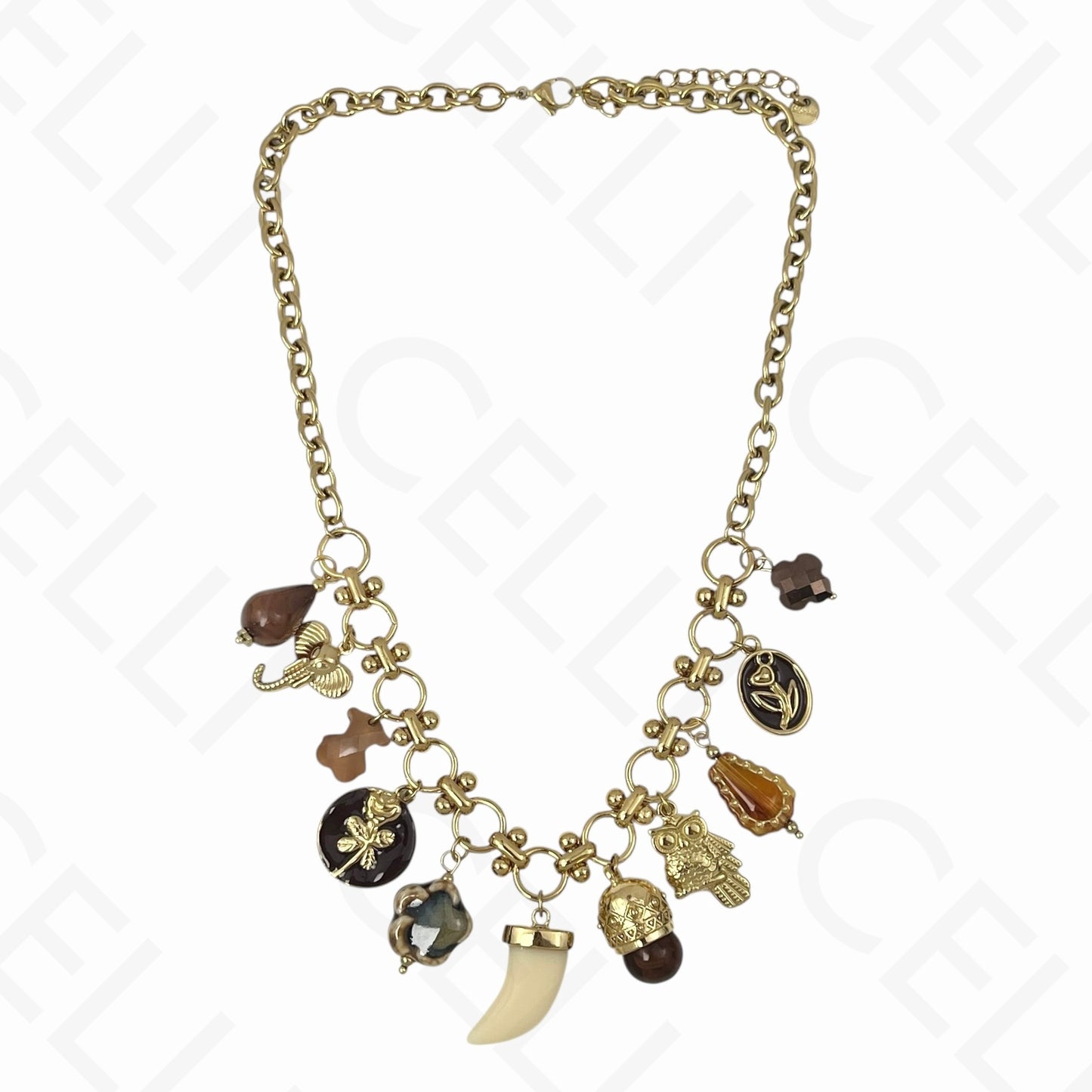 Collar de acero - múltiples colgantes, cuerno, cadena