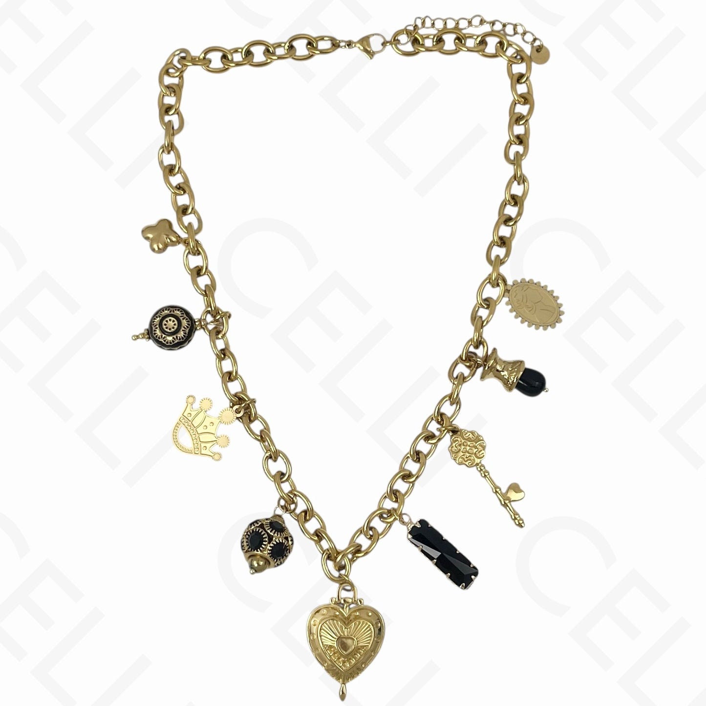 Collar de acero - múltiples colgantes, corazón, cadena