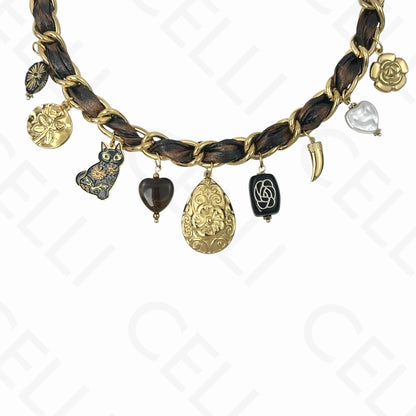 Colar de aço - multi pendentes, flor, tecido tigresa