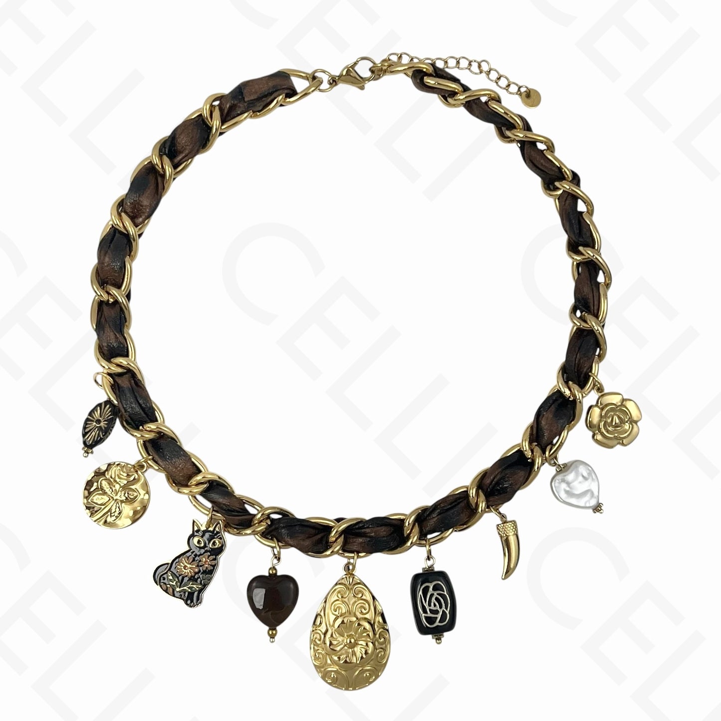 Colar de aço - multi pendentes, flor, tecido tigresa