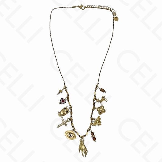 Colar de aço - multi pendentes, mão, fio de algodão