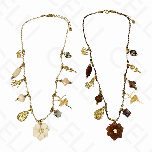 Colar de aço - multi pendentes, flor, fio de algodão