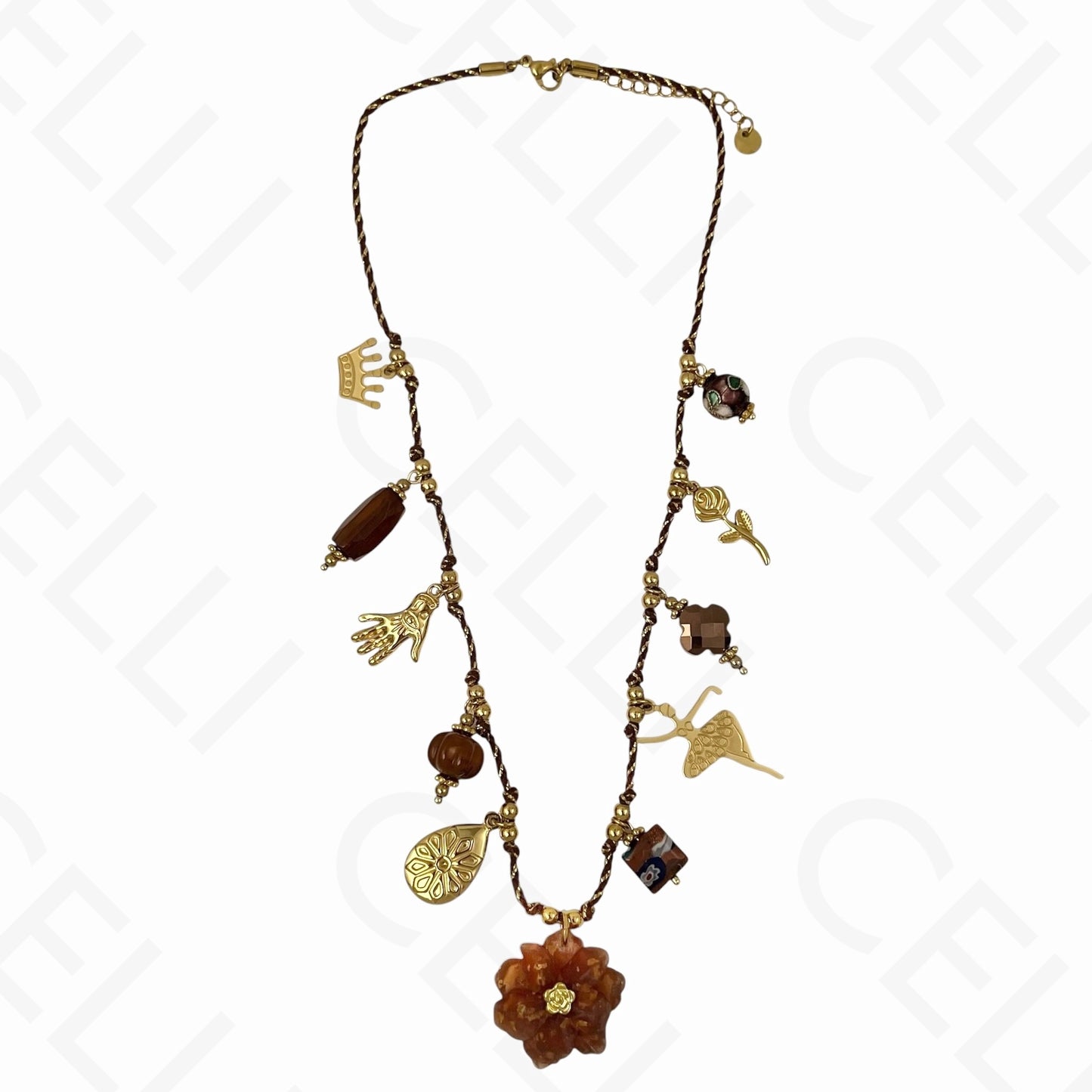 Collar de acero - múltiples colgantes, flor, hilo de algodón