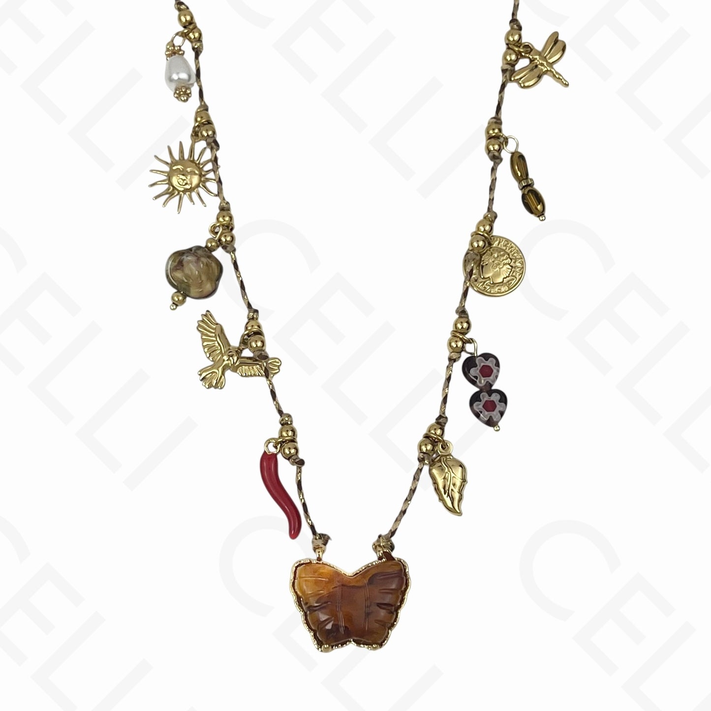 Collar de acero - múltiples colgantes, mariposa, hilo de algodón