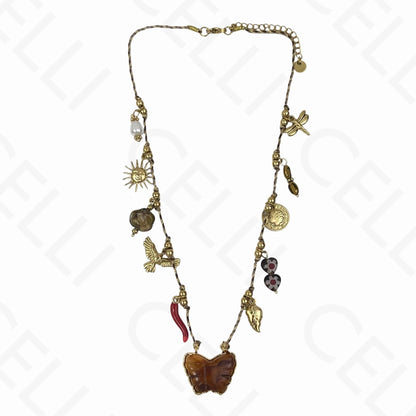 Collar de acero - múltiples colgantes, mariposa, hilo de algodón