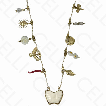 Collar de acero - múltiples colgantes, mariposa, hilo de algodón