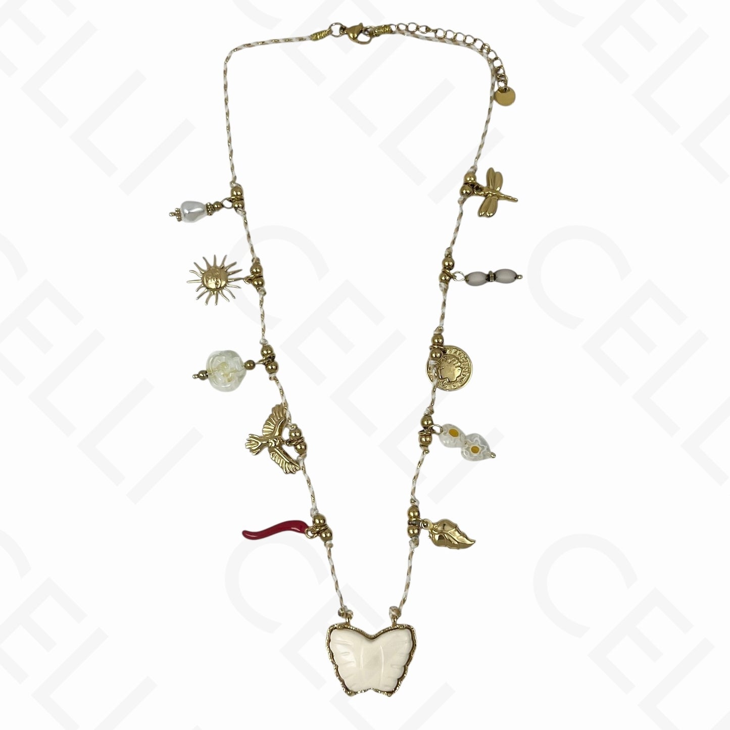 Collar de acero - múltiples colgantes, mariposa, hilo de algodón