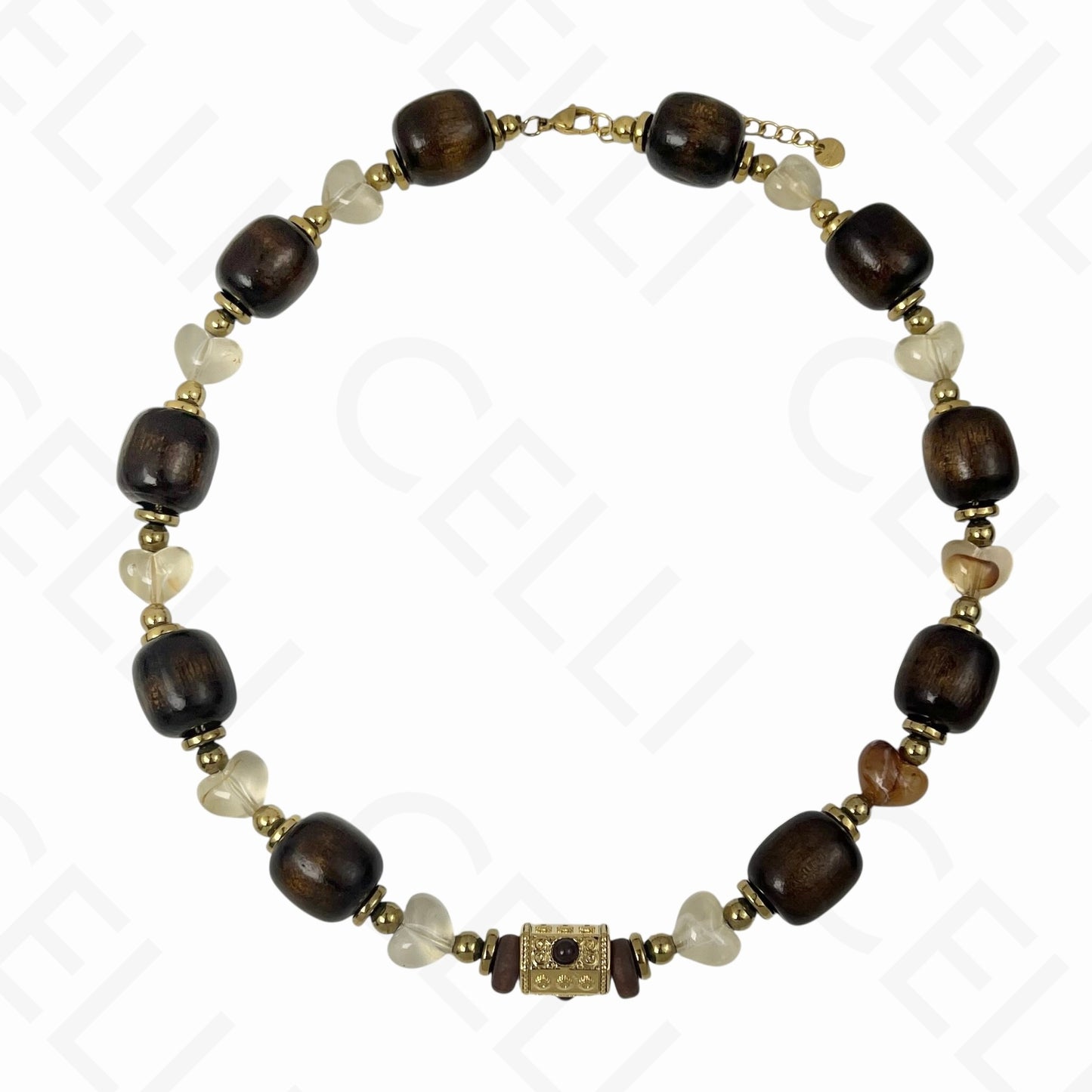 Colar de aço - contas de resina e madeira