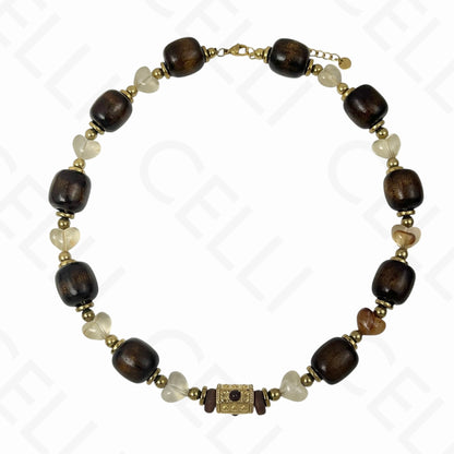 Colar de aço - contas de resina e madeira