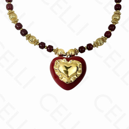 钢制项链 - 树脂珠，红心