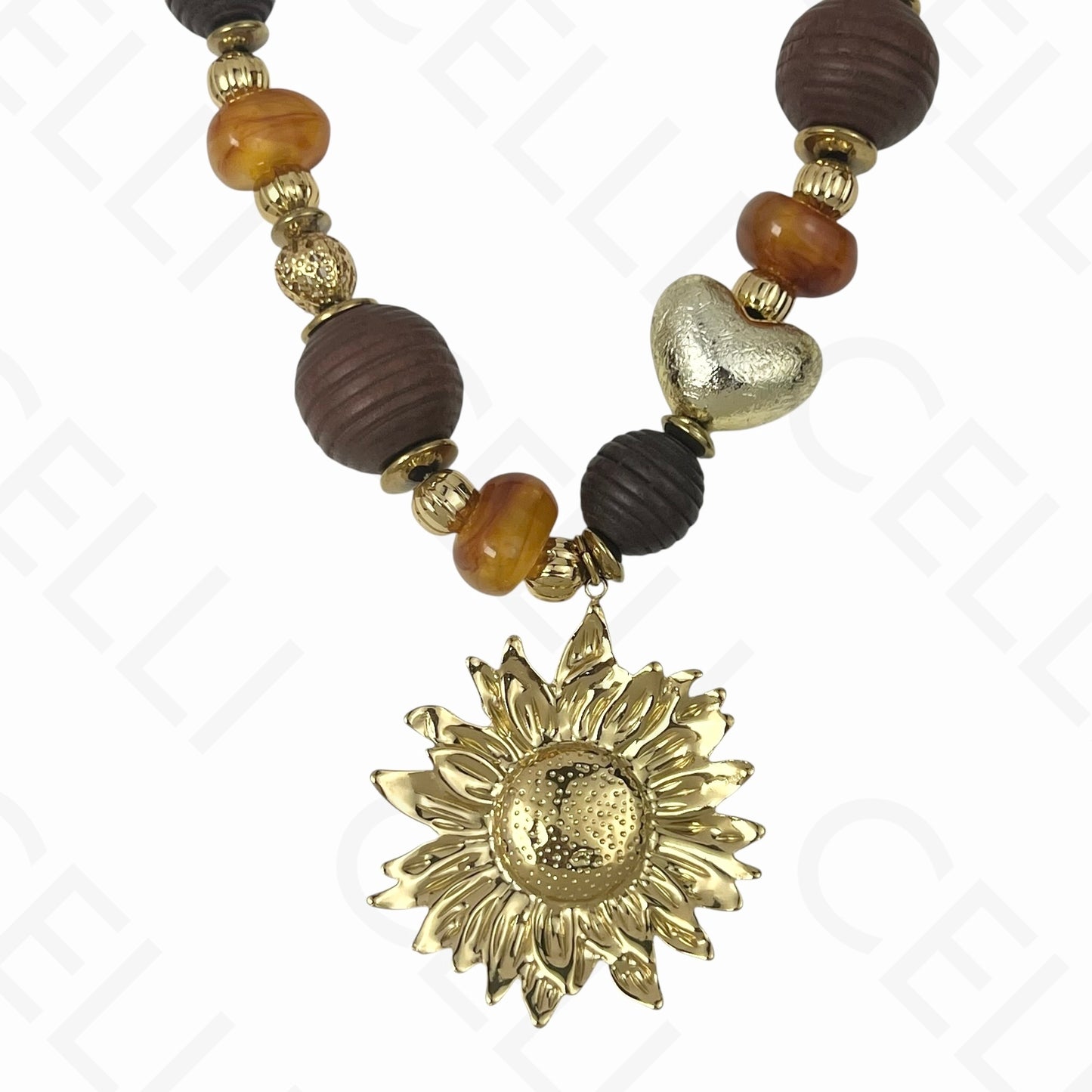 Colar de aço - contas de resinae madeira, flor grande