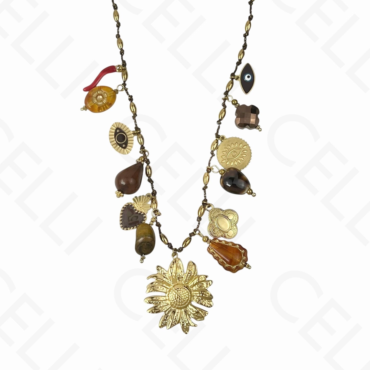 Collar de acero - múltiples colgantes, flor, hilo de algodón