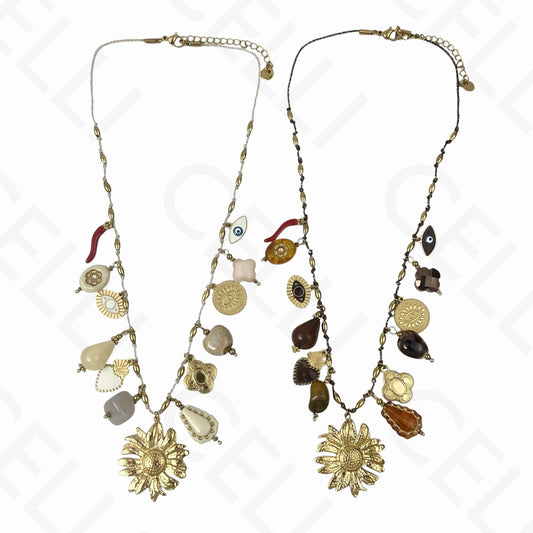 Collar de acero - múltiples colgantes, flor, hilo de algodón
