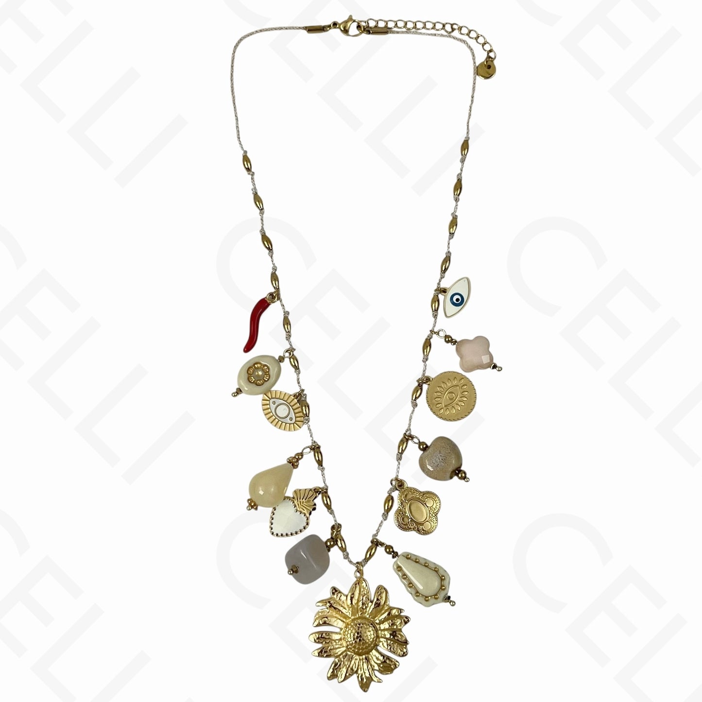 Collar de acero - múltiples colgantes, flor, hilo de algodón