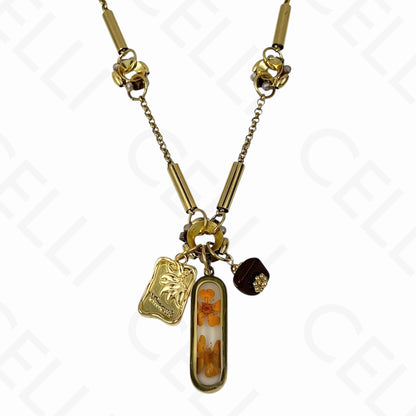 Colar de aço - multi pendentes, flor seca em resina (5 cores)