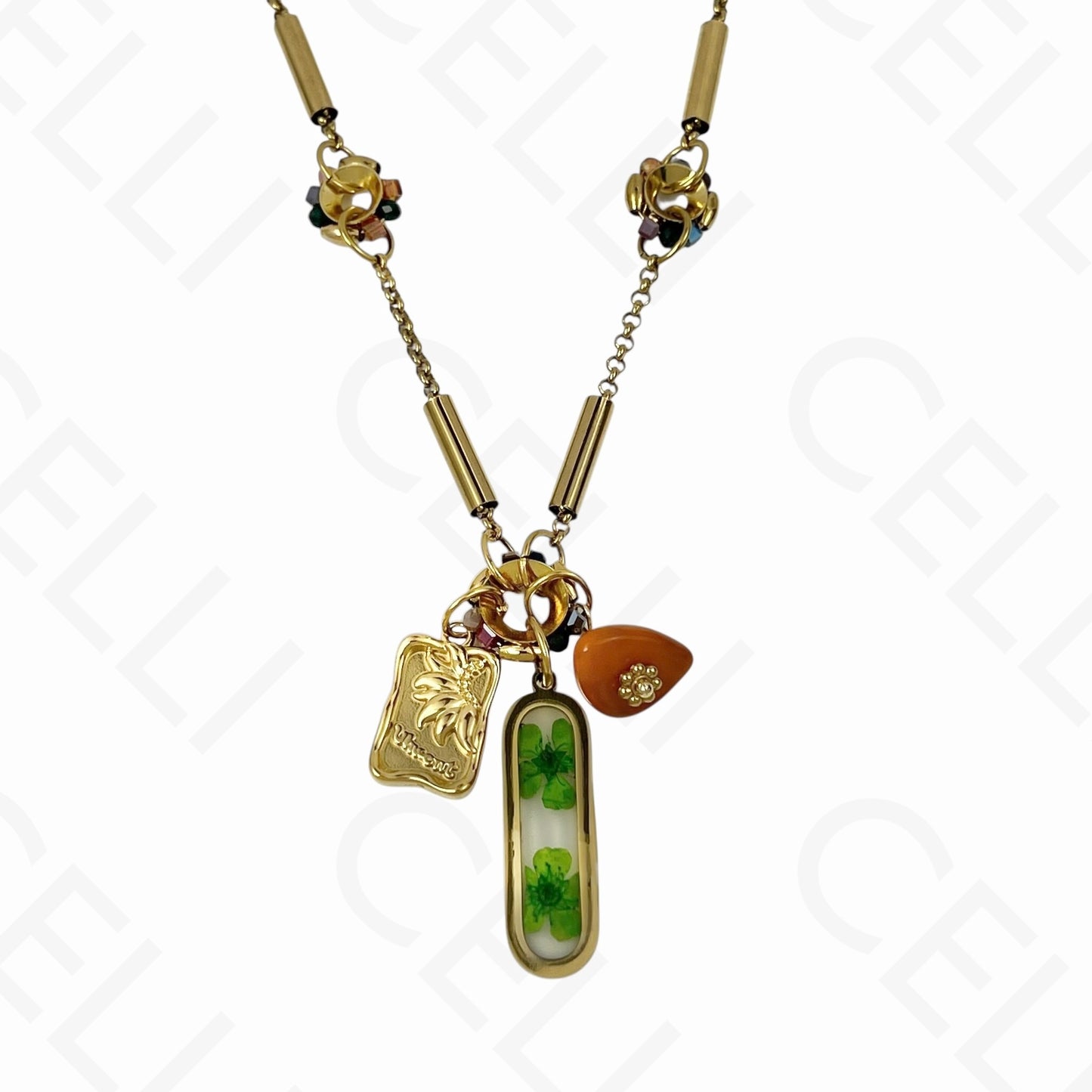 Colar de aço - multi pendentes, flor seca em resina (5 cores)