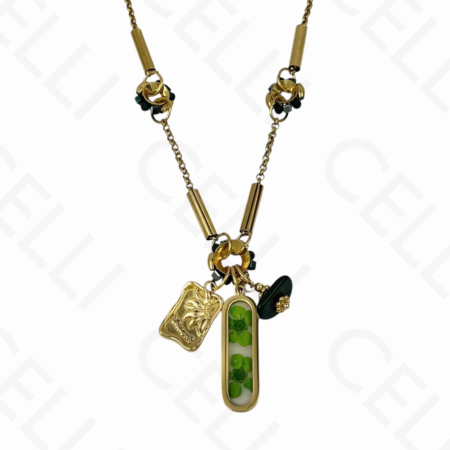 Colar de aço - multi pendentes, flor seca em resina (5 cores)