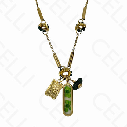 Colar de aço - multi pendentes, flor seca em resina (5 cores)