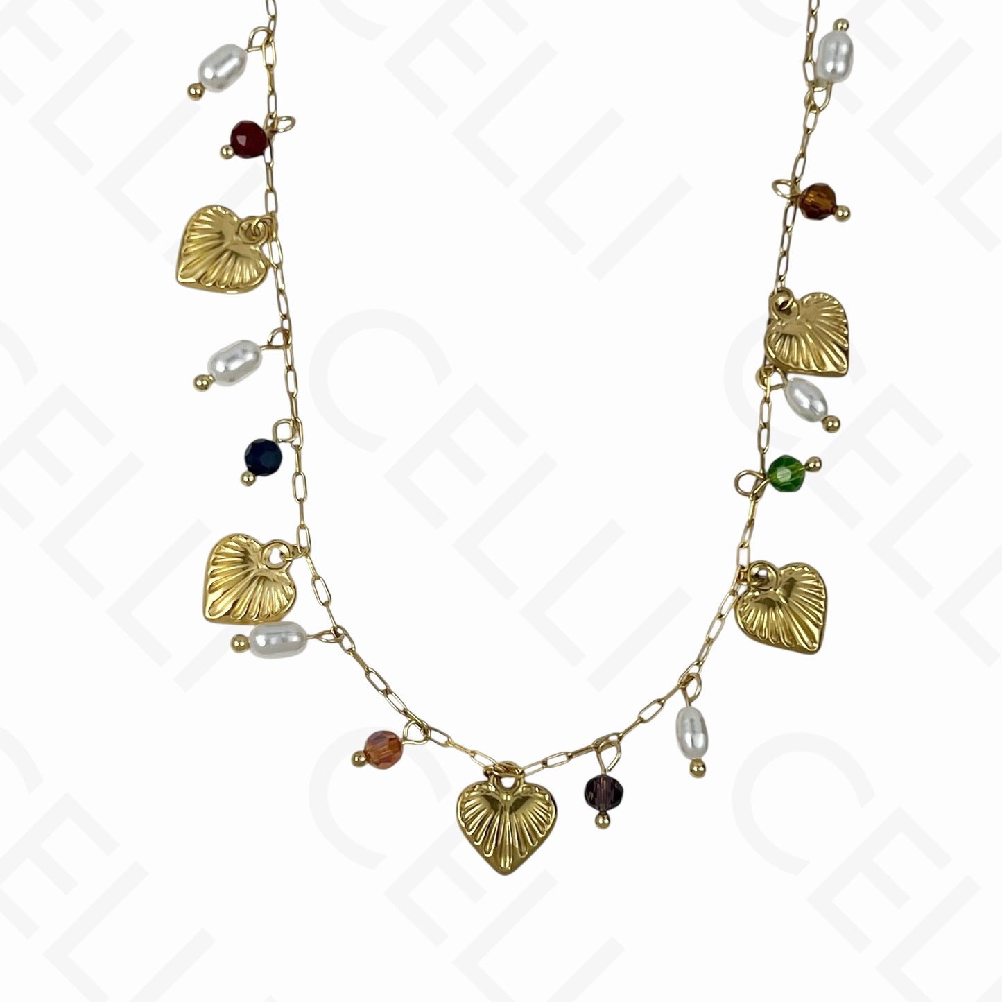 钢制项链 - 心形，刻面水晶，珍珠（4种颜色）