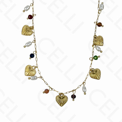 钢制项链 - 心形，刻面水晶，珍珠（4种颜色）