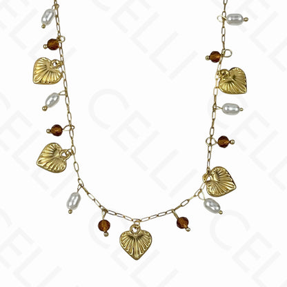 钢制项链 - 心形，刻面水晶，珍珠（4种颜色）