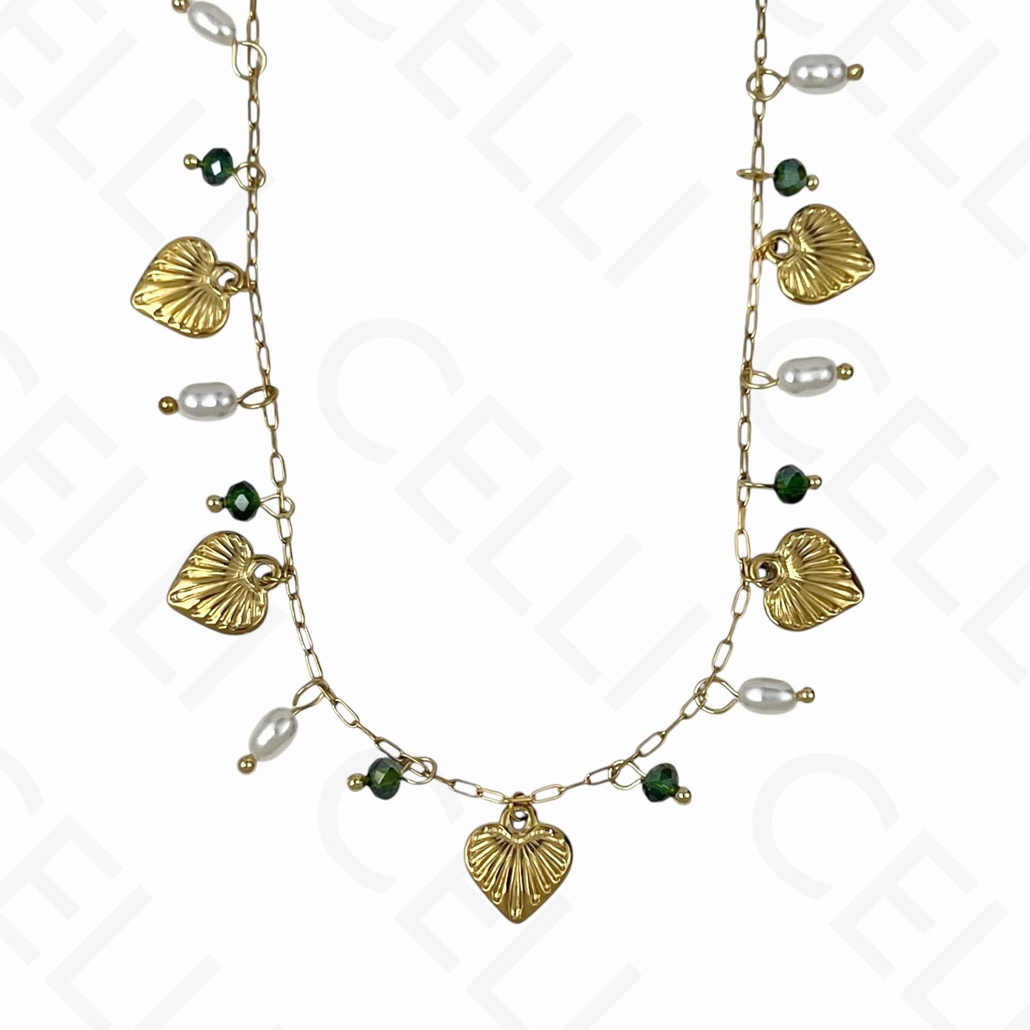 钢制项链 - 心形，刻面水晶，珍珠（4种颜色）