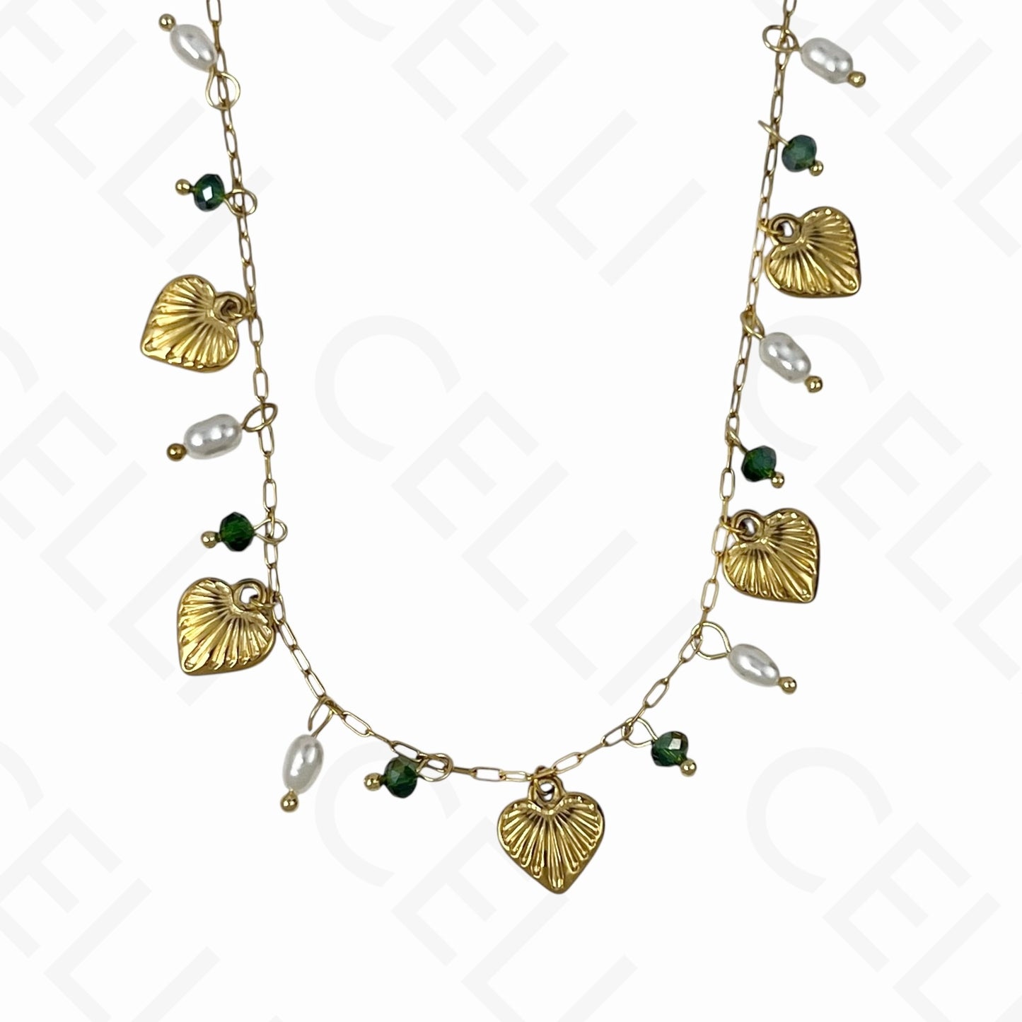 钢制项链 - 心形，刻面水晶，珍珠（4种颜色）