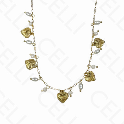 钢制项链 - 心形，刻面水晶，珍珠（4种颜色）