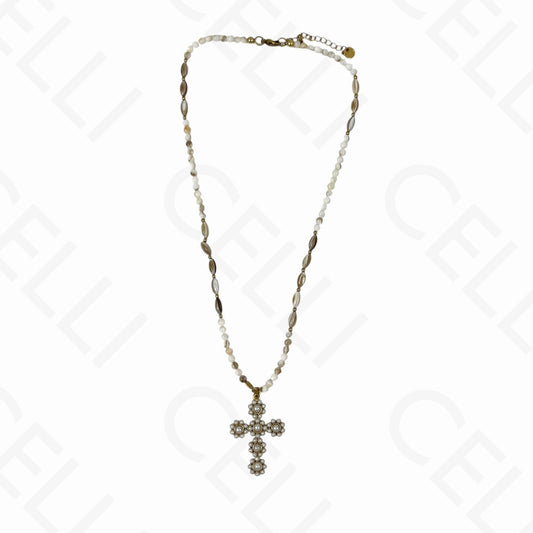 Collar de acero - cruz con perlas, cuentas de nácar