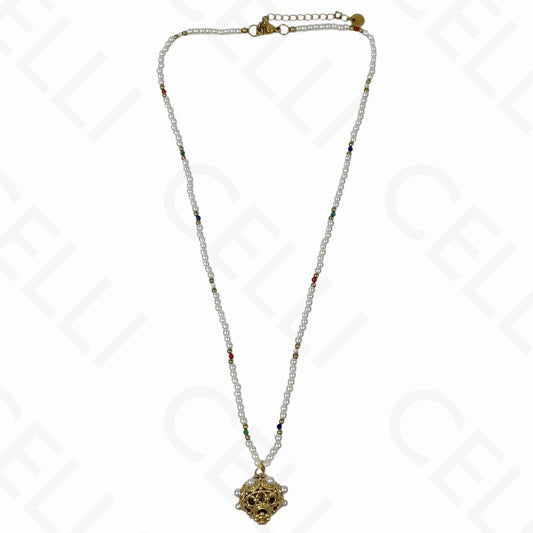 Collar de acero - piedras naturales y perlas, colgante