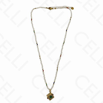 Collar de acero - piedras naturales y perlas, colgante cubo