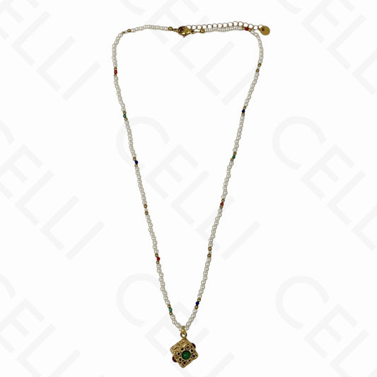 Collar de acero - piedras naturales y perlas, colgante cubo