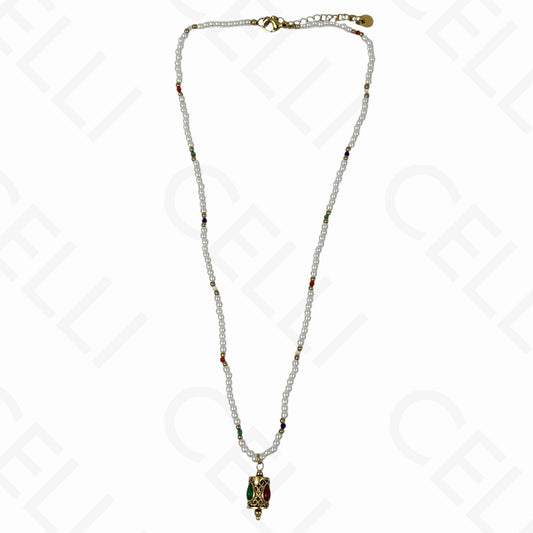 Collar de acero - piedras naturales y perlas, colgante