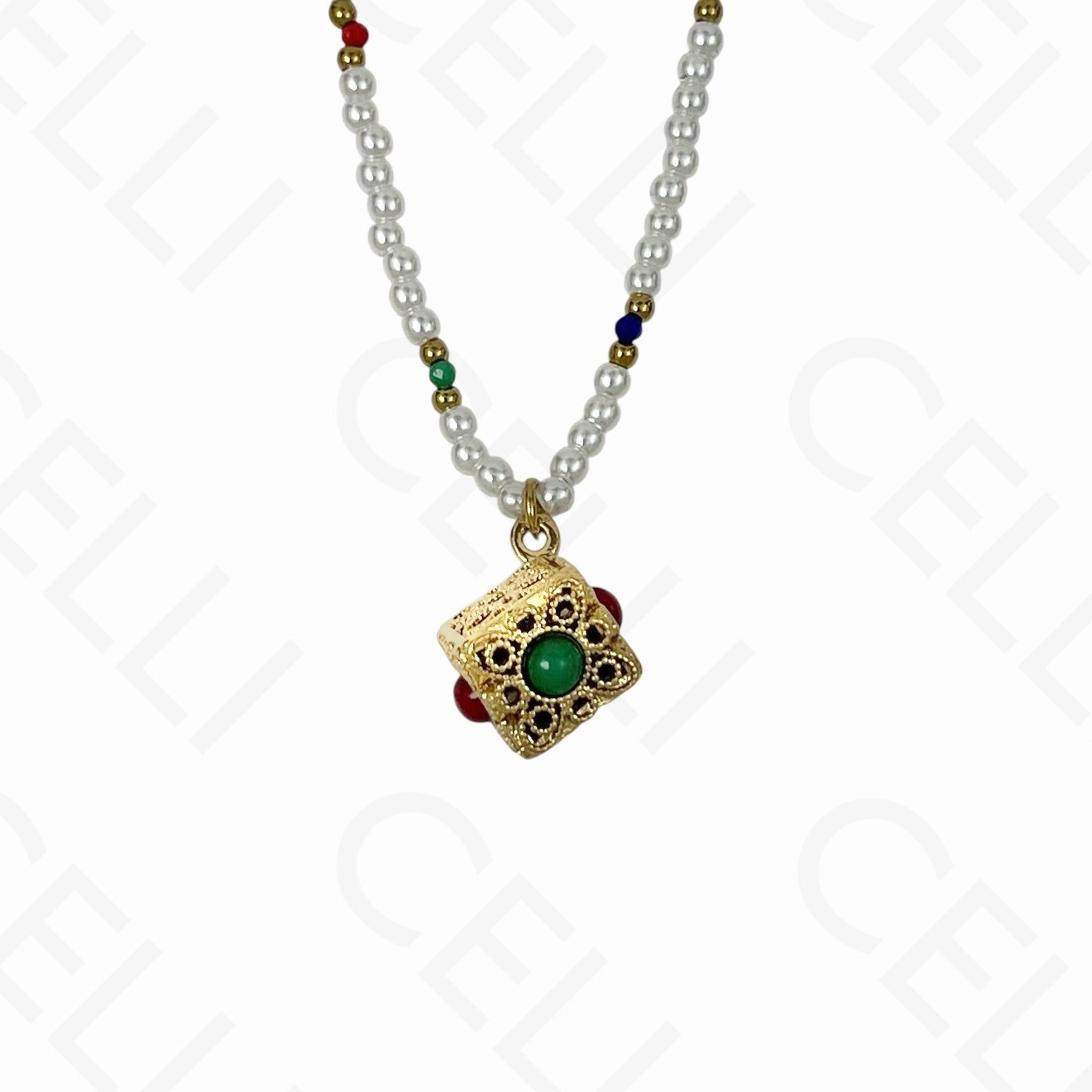 Collar de acero - piedras naturales y perlas, colgante cubo