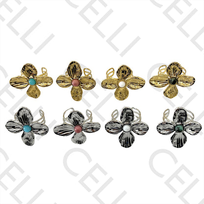 Steel Ring - flower with natural stone
