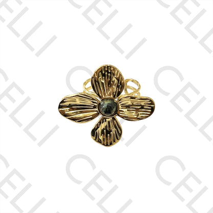 Steel Ring - flower with natural stone