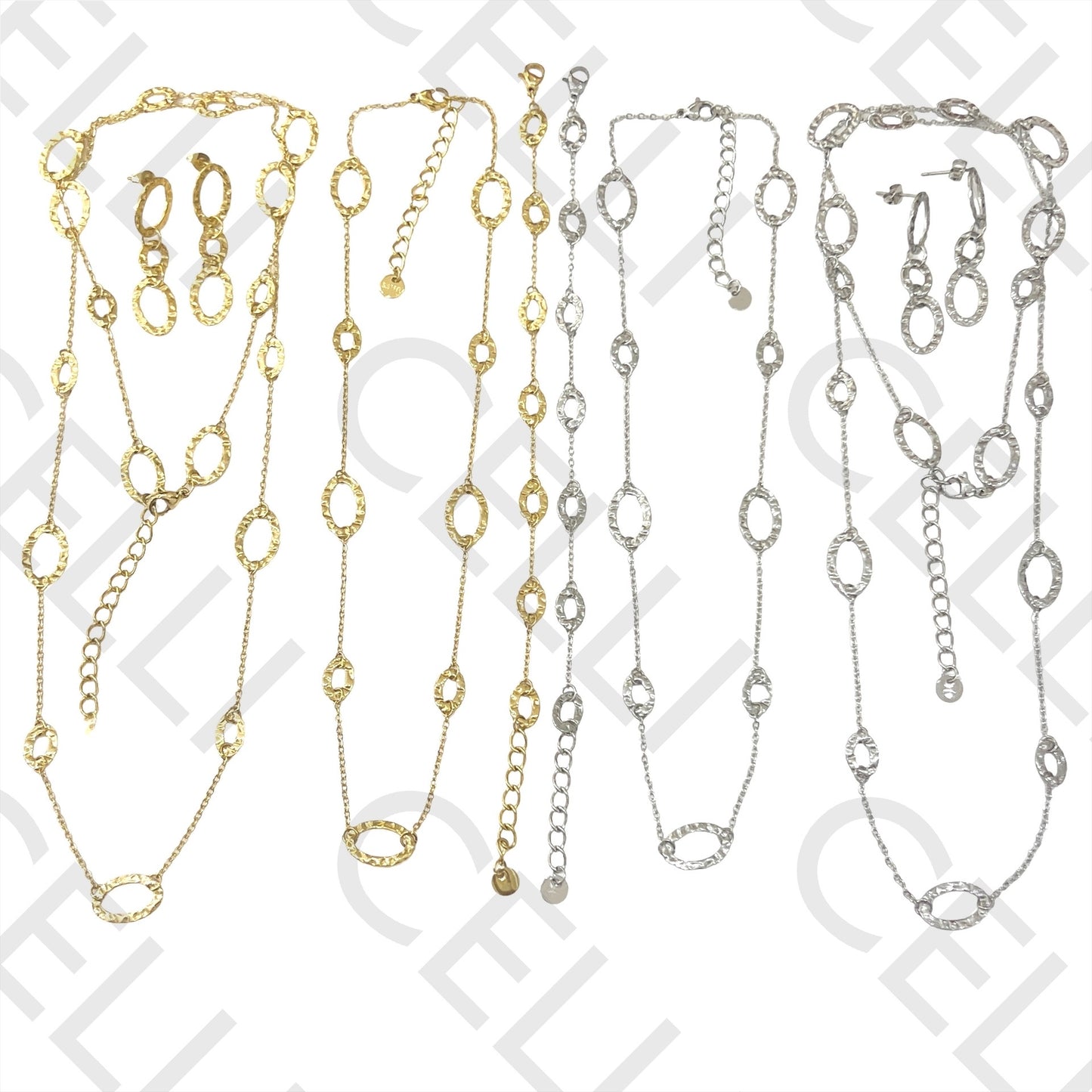 项链/手链/耳环 - 锤打椭圆形不锈钢