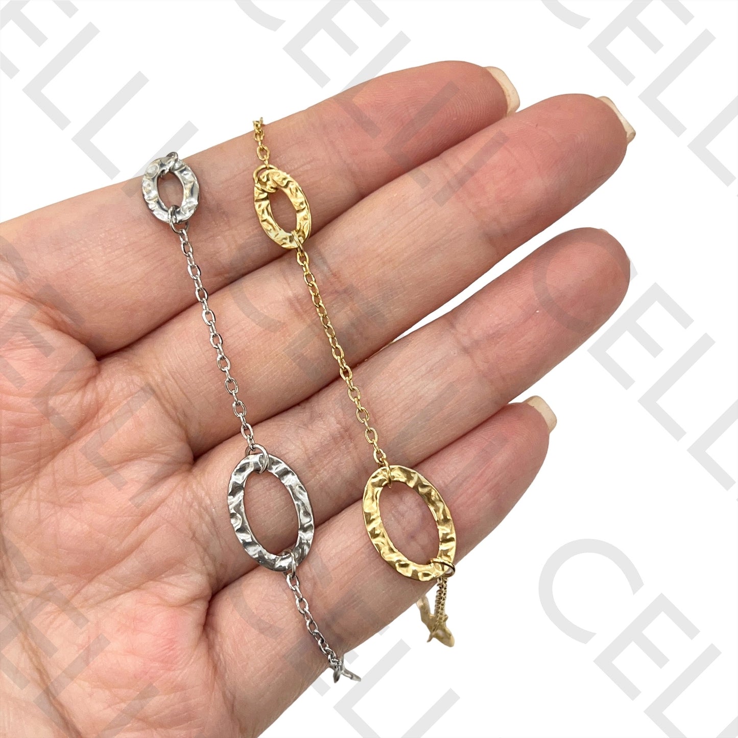 项链/手链/耳环 - 锤打椭圆形不锈钢