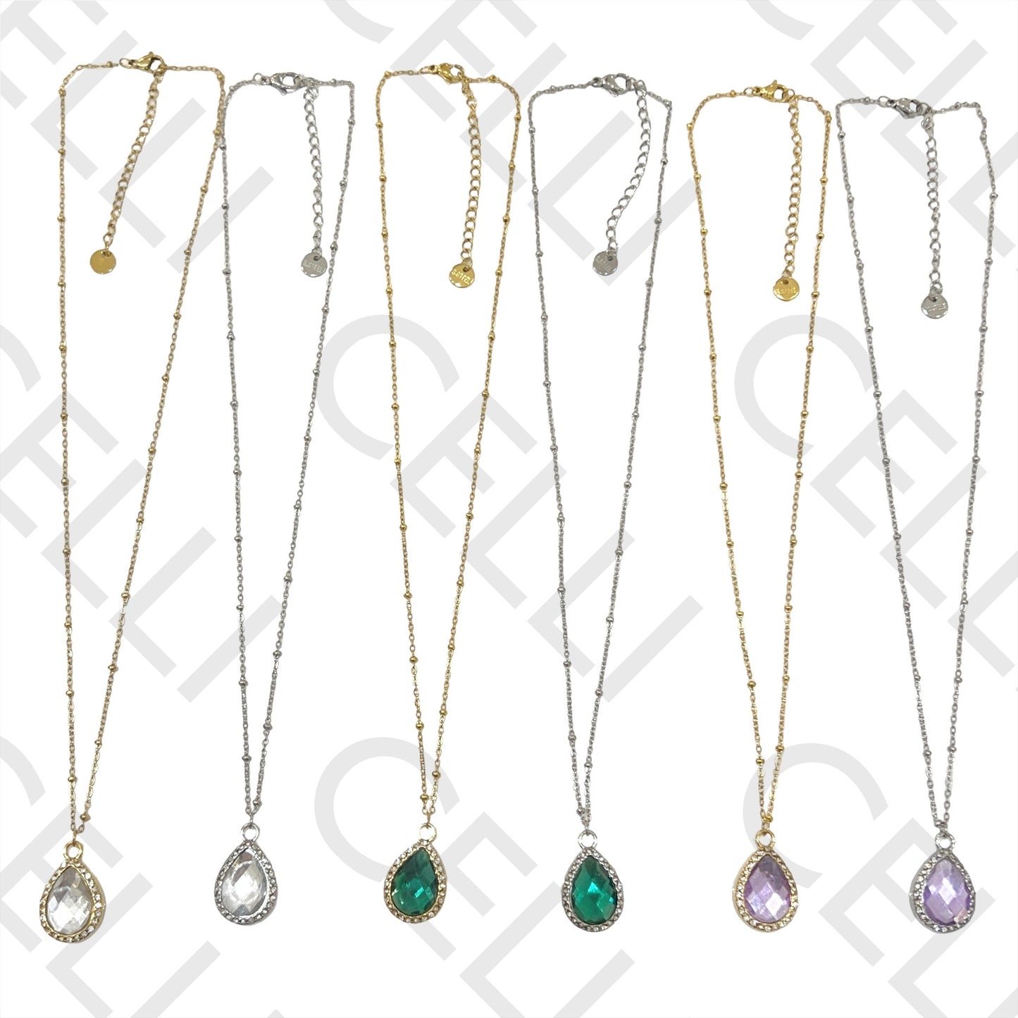 不锈钢项链 - 带钻饰的水滴形