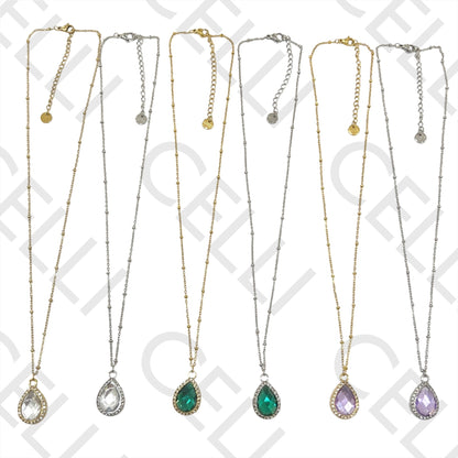 不锈钢项链 - 带钻饰的水滴形