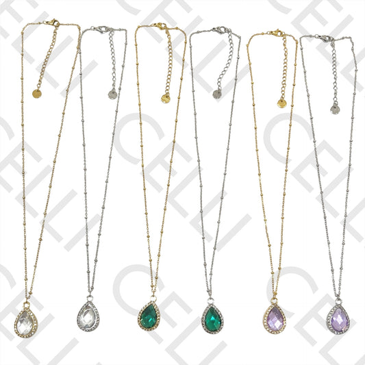 不锈钢项链 - 带钻饰的水滴形