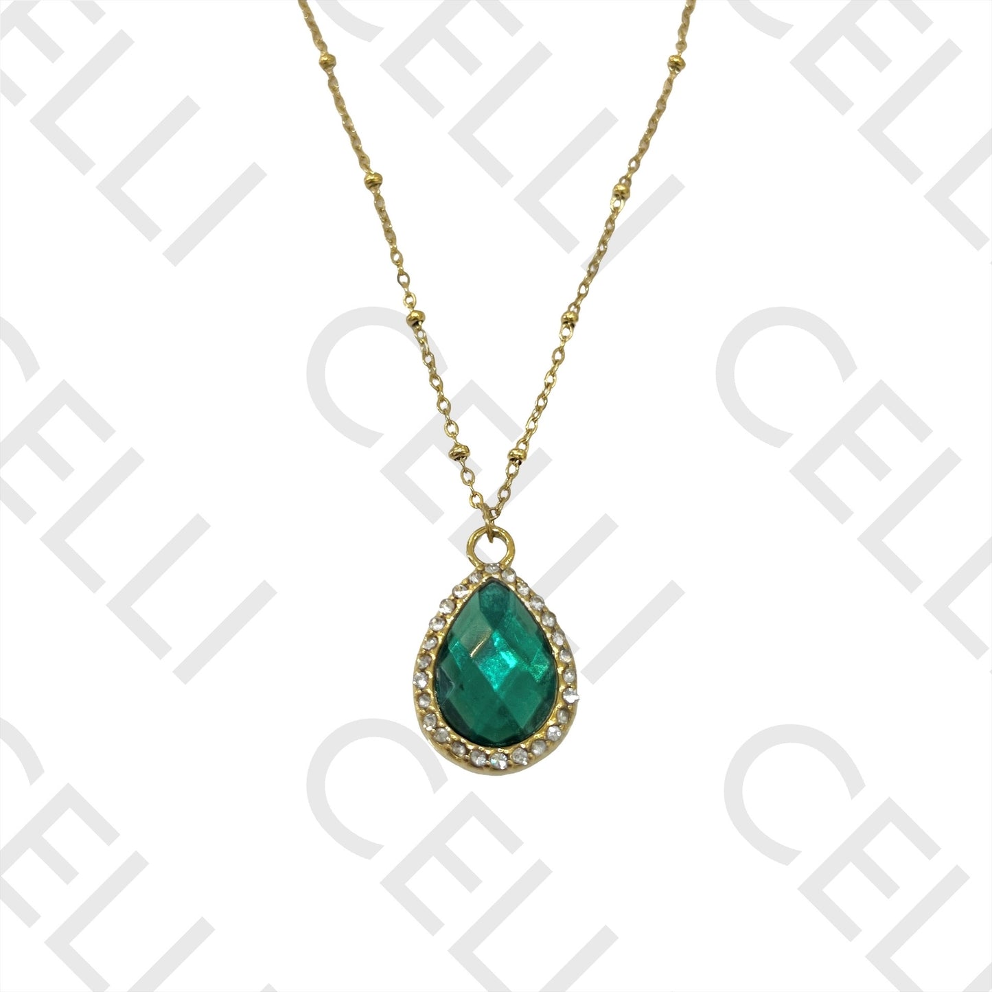 不锈钢项链 - 带钻饰的水滴形