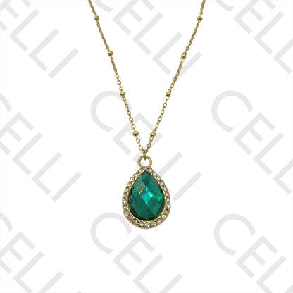 不锈钢项链 - 带钻饰的水滴形