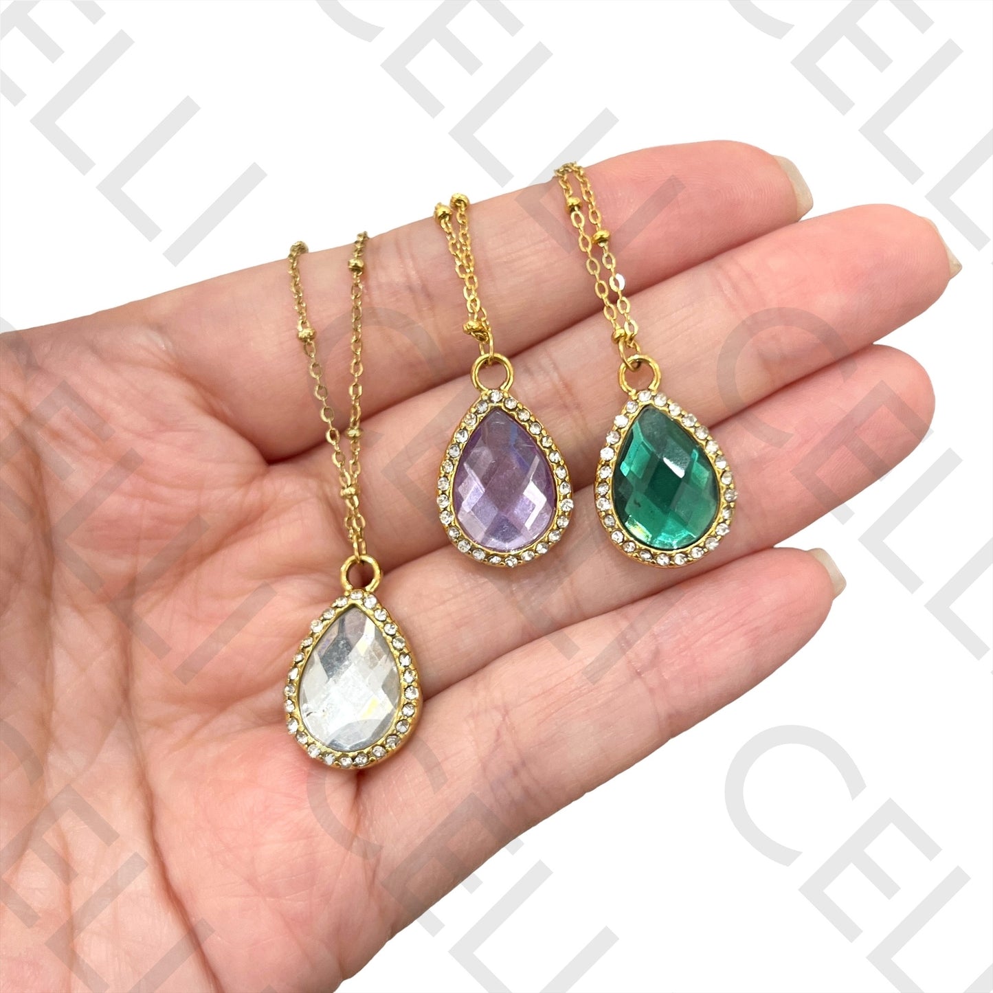 不锈钢项链 - 带钻饰的水滴形