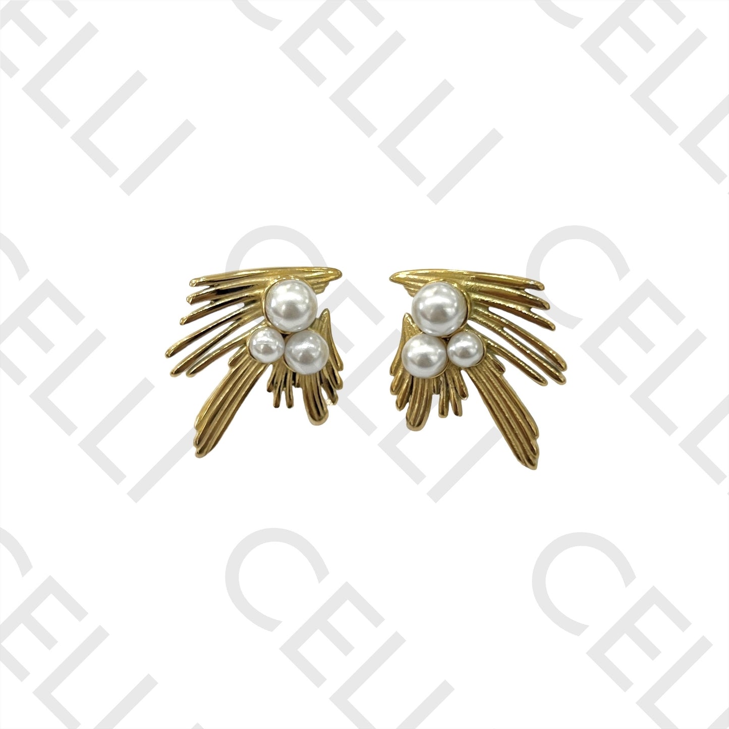 不锈钢耳环 - 带珍珠的翅膀